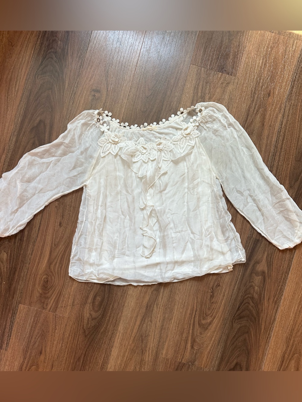 Women's White Lace-Trim 100% silk Peasant Blouse
